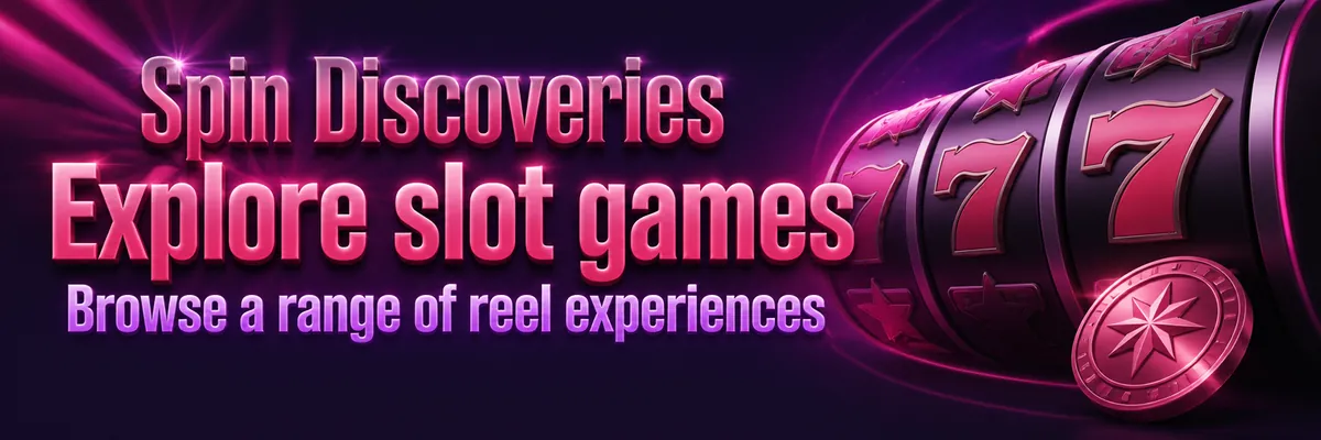 Purple-and-rose banner with a lucky coin beside stylised slot reels, inviting players to explore slot games.