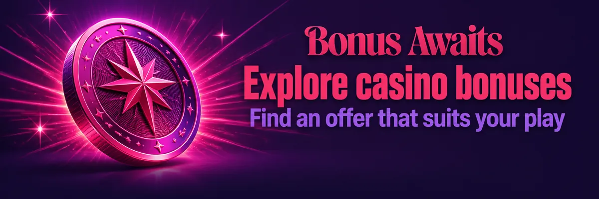Purple-and-rose casino banner featuring a lucky coin and radiant starburst, inviting players to explore casino bonuses.
